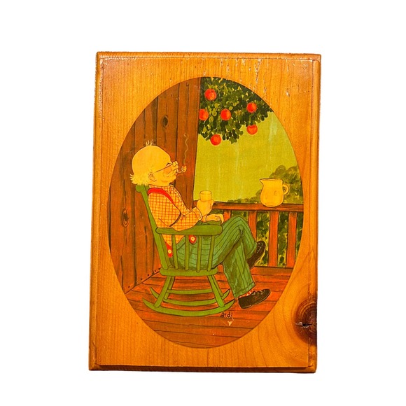 Delightful Picture of an Old Man in a Rocker Lacquered on Wood - Dated 1977 - Picture 1 of 2